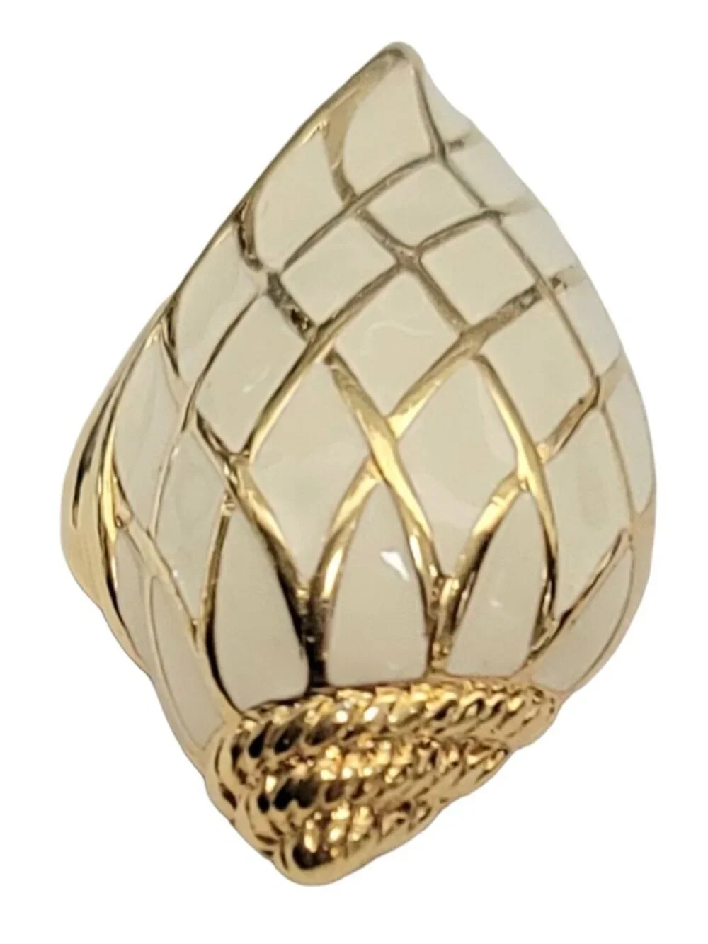Trifari 1980s Cream And Gold Seashell Enamel Pin Brooch, Signed